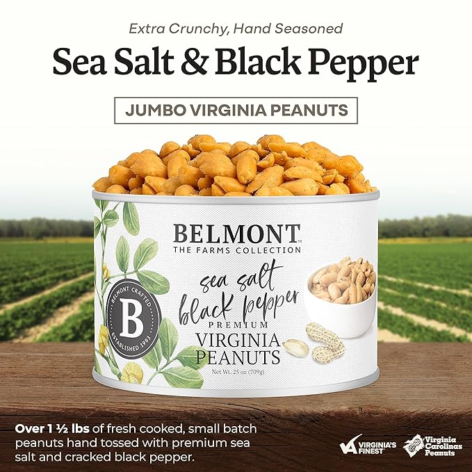 Belmont Peanuts Gourmet Sea Salt and Black Pepper Flavored Virginia Peanuts 25 oz (2 Pack) – Only 4 Simple Ingredients No Preservatives 7g Protein – Salty Peppery Crunchy Hand Seasoned Snack