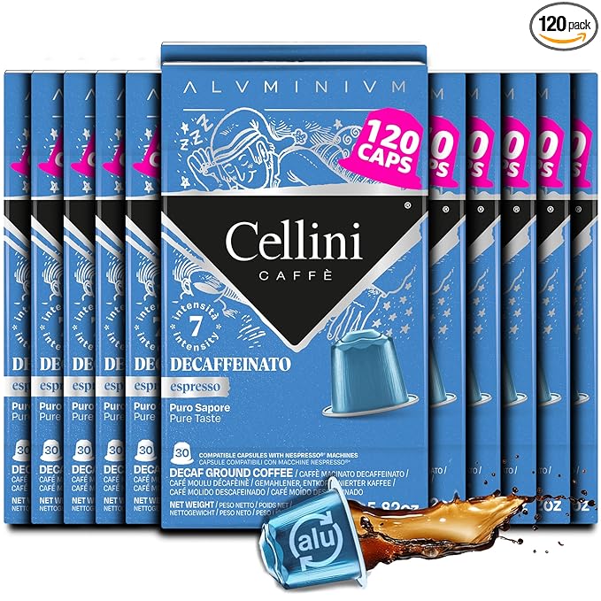 Cellini Caffè Decaffeinato Aluminum Nespresso Pods 120 Count Medium Roast Coffee Capsules 100% Nespresso Original Machine Compatible