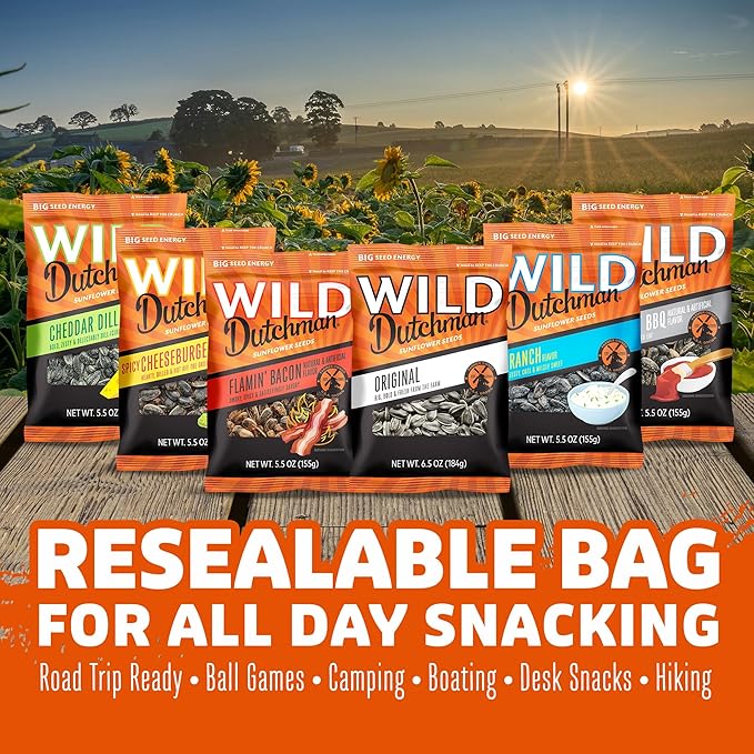 Wild Dutchman Roasted Sunflower Seeds in a Resealable Bag for Ultimate Freshness and an Easy Pour 6 Flavor Variety Snack Pack 5.5 oz (Pack of 6)