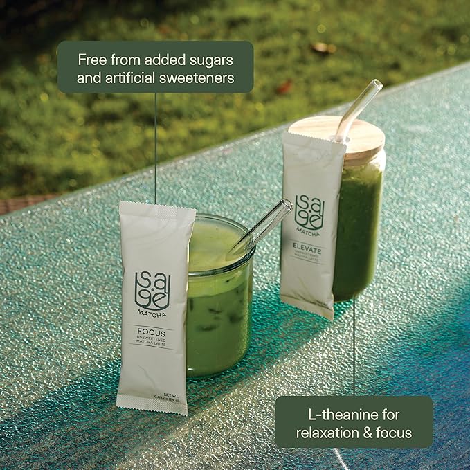 Sage Matcha Focus Organic Matcha Latte Packets - Ceremonial Grade Japanese Matcha Powder with Oat Milk - Unsweetened Plant-Based Instant Matcha Latte Drink Mix Dairy-Free - 6 Single-Serve Sticks