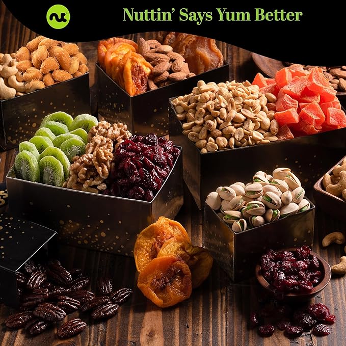 NUT CRAVINGS - Thinking of You Nuts &amp Dried Fruits Tower Gift Basket with TY Ribbon + Greeting Card (12 Assortments) Food Arrangement Healthy Snack Care Package Food Assortments