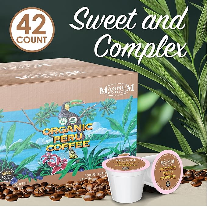 Magnum Exotics Organic Peru Coffee Pods - Coffee Cups Compatible with K Cup Keurig Medium Roast Bulk Premium Blend Fast Single-Serve Capsules - 42 Count (Pack of 1)