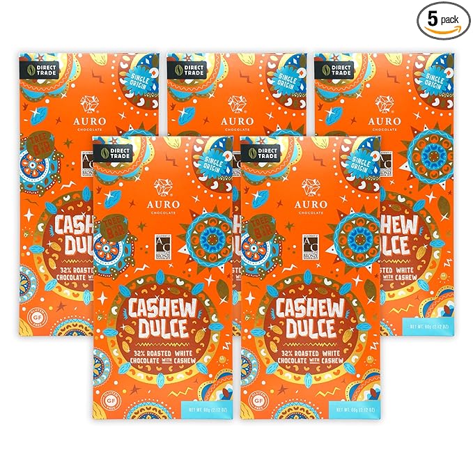 Auro Cashew Dulce 32% White Chocolate 5 Pack - Filipino Chocolate - Premium Made At Origin Direct Trade Bean-to-Bar Woman Owned BIPOC Owned - Gluten-Free Halal - Bundle
