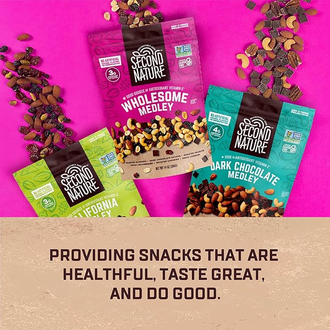 Second Nature Dark Chocolate Medley Trail Mix 4.5 oz. Resealable Pouch (Pack of 12) – Certified Gluten-Free Snack Mix – Dark Chocolate and Nut Trail Mix Ideal for Quick Travel Snacks or Lunch Snacks