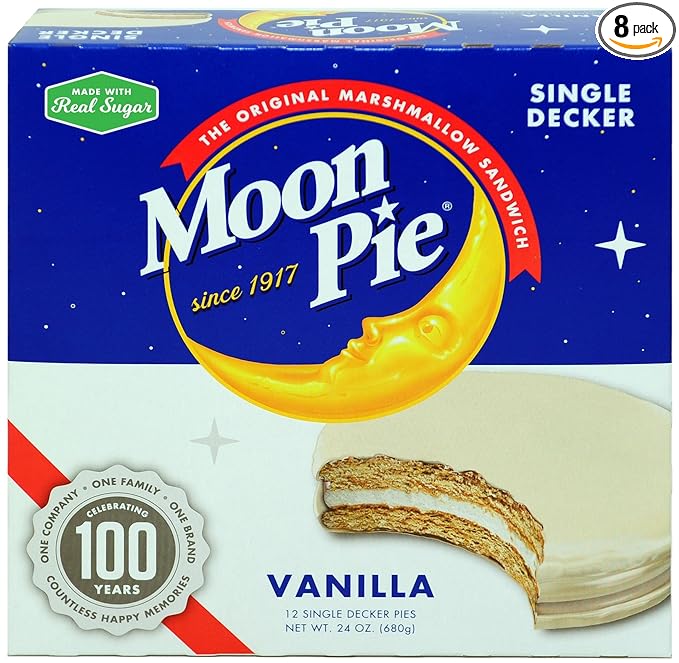 MoonPie Single Decker Vanilla Marshmallow Sandwich - 24 Ounce (Pack of 8) | Vanilla Covered Graham Cracker &amp Marshmallow Pie