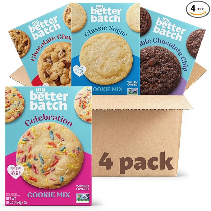 My Better Batch Try Them ALL: Chocolate Chip Double Chocolate Sugar Celebration Cookie Mix Variety Pack Valenties Day Cookie Mix Makes 64 Large Cookies Non GMO Kosher 16oz (Pack of 4)