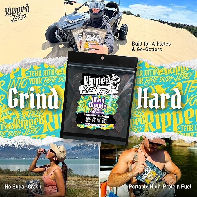 Ripped Beef Jerky - 100% Grass Fed Beef 20g Protein Real Ingredients Gluten Free No MSG Made in USA (2.5 Ounce (Pack of 3) Maui Wowie)