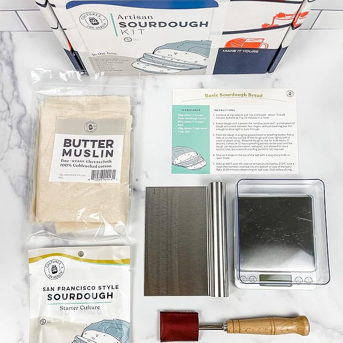 Cultures for Health Artisan Bread Making Kit | 5 Piece DIY Kit Includes San Francisco Sourdough Starter Baker's Scale Bread Lame Dough Scraper &amp Butter Muslin | Sourdough Bread Baking Supplies