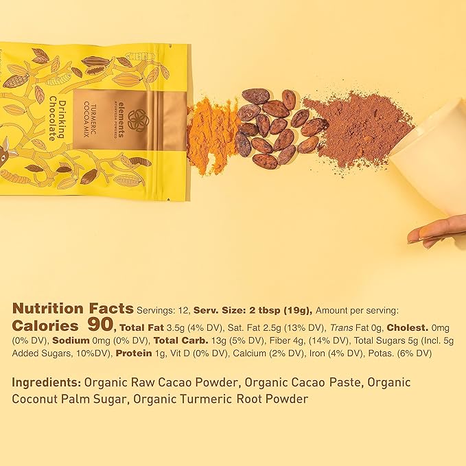 Elements Truffles Turmeric Cocoa Hot Chocolate Powder Mix 228g | No Added Sugar Rich &amp Dreamy Texture | Enriched with Cocoa Coconut Palm Sugar | Ideal for Hot or Cold Milk &amp Desserts (Pack o