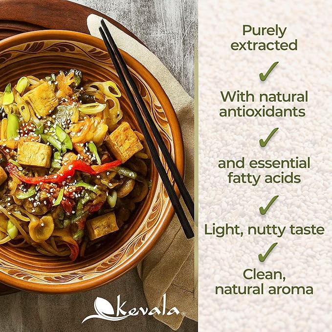 Kevala Organic Extra Virgin Sesame Oil – Cold Pressed Unrefined &amp Non-GMO Cooking Oil for Salad Frying Baking and Skin or Hair Use – Gluten Free &amp Kosher Certified – 128 Oz