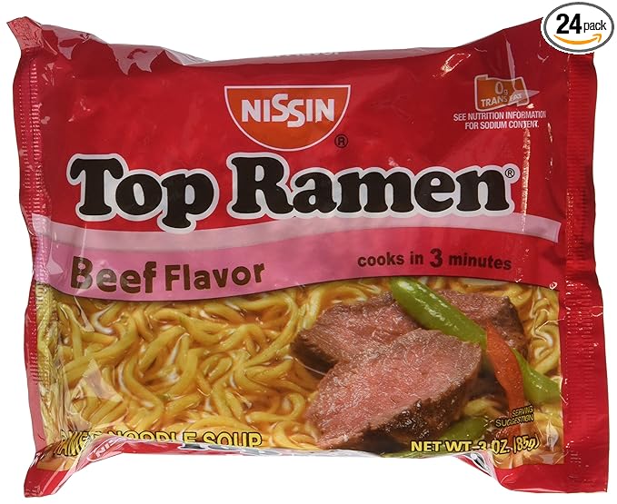 Nissin Top Ramen Beef Flavor Ramen Noodle Soup 3 Ounce (Pack of 24)