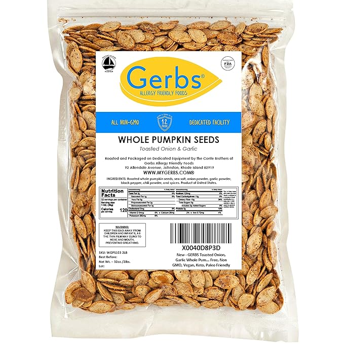 Gerbs Toasted Onion &amp Garlic Whole Pumpkin Seeds 2 lbs. | Small Batch Roasted In-Shell Resealable Bag | Bold &amp Savory Crunch | Top 14 Allergen-Free