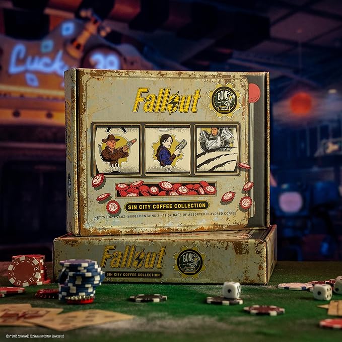 Bones Coffee Company Fallout Sin City Coffee Collector's Box 2 Flavored Coffee Low Acid Medium Roast Arabica Beans Specialty Gifts Auto Drip and French Press Compatible 12 oz Pack of 2 Whole Bean