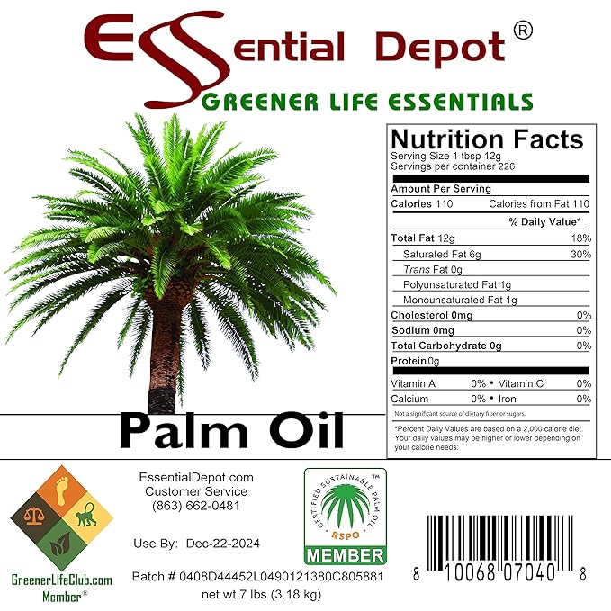 Essential Depot Palm Oil - RSPO Certified - Sustainable - Food Grade - Not Hydrogenated - 7 lbs in a 1 Gallon Pail - HDPE Microwavable Container with Resealable Lid and Removable Handle