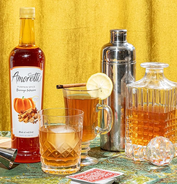 Amoretti - Pumpkin Spice Beverage Infusion 94 Servings Per Bottle (750 ml) - Drink Mix &amp Water Enhancer with Pump for Flavoring Cocktails Waters Teas and other Beverages Preservative Free