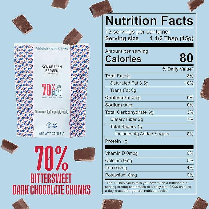 Scharffen Berger Baking Chocolate Chunks (7 Ounce Pack of 3) - Bittersweet Dark Chocolate Chunks for Baking 70% Cacao Gluten Free Non GMO Natural Chocolates Individual Baking Chocolate