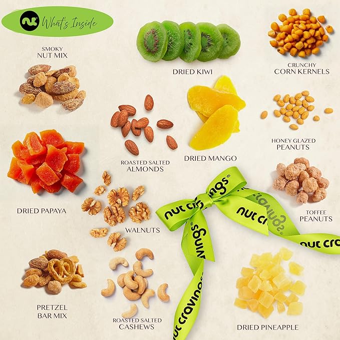 NUT CRAVINGS - Easter Dried Fruit &amp Mixed Nuts Gift Basket in Reusable Wooden Tray + Ribbon (12 Assortments) Ramadan Gifts Saint Patrick's Day Food Arrangement Healthy Snack Care Package Kosher