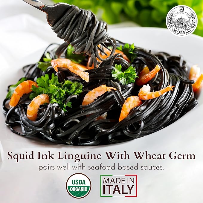 Morelli Squid Ink Pasta Linguine - Organic Black Pasta Noodles Durum Wheat Semolina Italian Nero Di Seppia Made in Italy - 8.8 oz / 250 g (Pack of 2)
