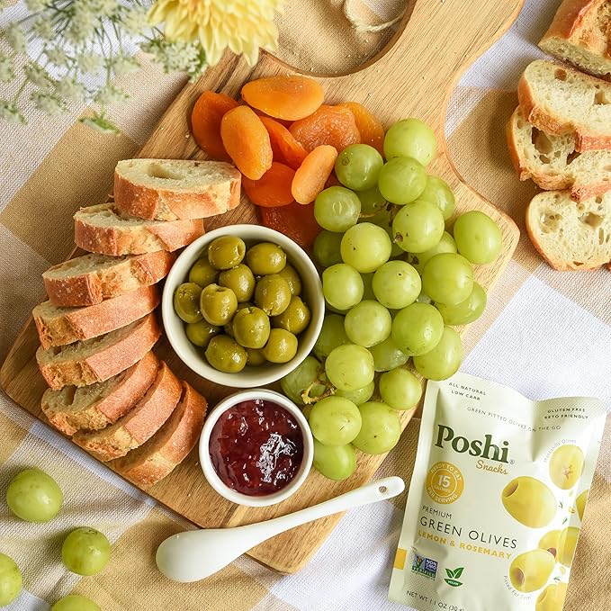 Poshi Green Pitted Olives | Lemon &amp Rosemary | Vegan Kosher Gluten Free + Keto Friendly Fresh All Natural Low Calorie Healthy Snacks | (30 Pack 1.1oz Bags)