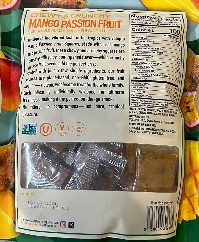 Nutrition by Nature Mango Passion Fruit Squares Chewy and Crunchy Real Fruit Plant-Based Gluten Free Non-GMO Individually Wrapped 18 oz (Pack of 1)