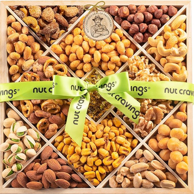NUT CRAVINGS - Easter Mixed Nuts Gift Basket in Reusable Diamond Wooden Tray + Green Ribbon (12 Assortments) Ramadan Gifts Treats for Adults Healthy Snack Care Package Kosher