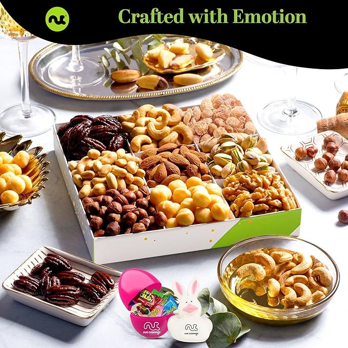 NUT CRAVINGS Gourmet Collection - Easter Treats Candies &amp Mixed Nuts Gift Basket with Happy Easter Ribbon Candy Filled Egg + Bunny (9 Piece Assortment)
