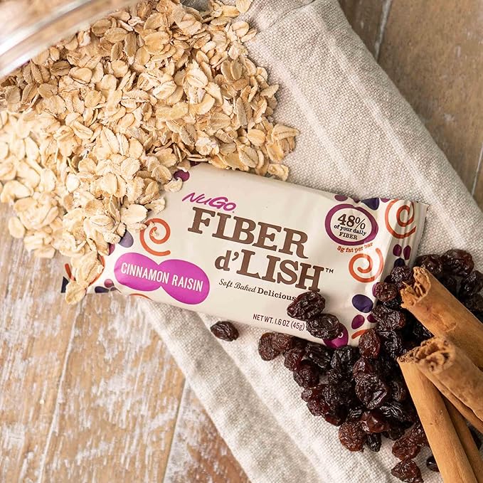 NuGo Fiber d'Lish Cinnamon Raisin 12g High Fiber Vegan 150 Calories 16 Count