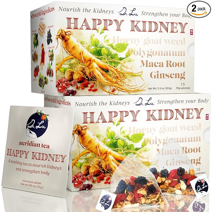 2 Pack of Dr. Lu’s Happy Kidney Tea | 100% Natural Kidney Cleanse Detox &amp Repair Tea Made in USA | 8-Treasure Kidney Support with Ginseng Maca Root Mulberry &amp Polygonatum for Strength &amp