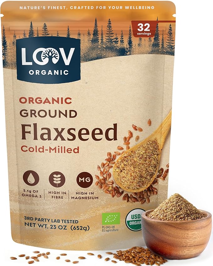 LOOV Organic Ground Flaxseed - Cold-Milled Flax Seeds - High Fiber 5.1 g Plant-Based Omega-3 (ALA) For Smoothies &amp Baking Flaxseed Meal Linaza Molida Grown in Finland 23 oz Resealable Pouch