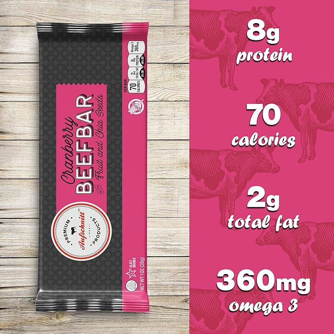 Aufschnitt Beef Bars - High Protein Snack with Grass Fed Beef - Kosher and Keto Friendly - Cranberry Flavor with Real Fruit and Chia Seeds 24 Count