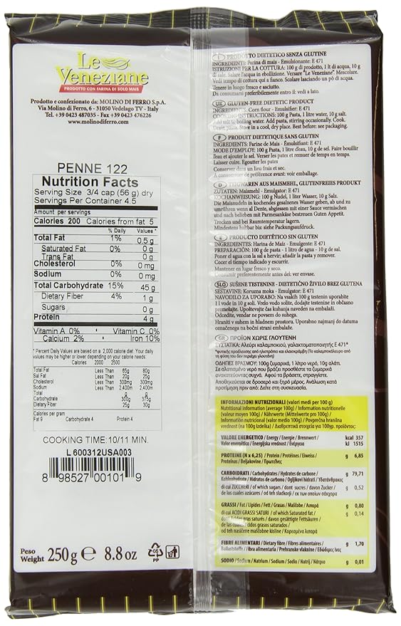 Le Veneziane Penne Rigate 250-Gram Packages (Pack of 6)