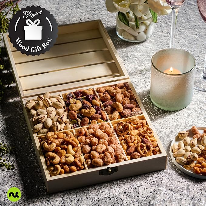 NUT CRAVINGS - Easter Mixed Nuts Gift Basket in Reusable Wooden Crate (12 Assortments) Ramadan Gifts Treats for Adults Food Arrangement Healthy Snack Care Package Kosher