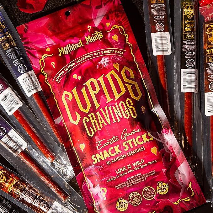 Mythical Meats Cupid's Cravings Random Flavor Sampler Pack – 10 Random Exotic Game and Beef Snack Sticks – Dried &amp Dehydrated Meats Seasoned to Perfection – High Protein Keto Friendly Snacks
