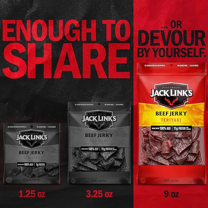 Jack Link's Teriyaki Beef Jerky - (2 Pack) 9 oz Bag - Ready to Eat Protein Snacks - 11g Protein per Serving - Made with 100% Real Beef