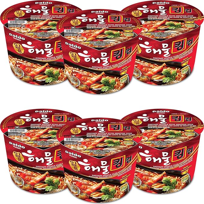 Paldo Fun &amp Yum Il Poom Seafood Instant Big Cup Noodles with Spicy Seafood Based Broth Best Oriental Style Original Korean Ramyun Bowl K-Food 110g (3.88 oz) x 6 Pack