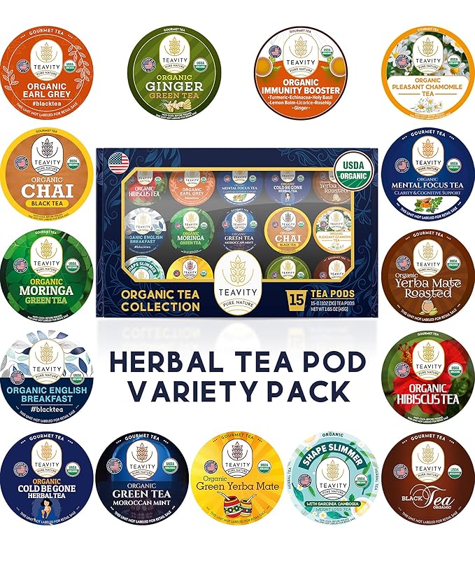 Organic Tea Pods Variety Pack - Assorted Sampler Pack Compatible for Keurig Brewer and Coffee Maker - Earl Grey English Breakfast Chai Chamomile - Herbal Tea Pod for K Cup Keurig Brewing -15 count