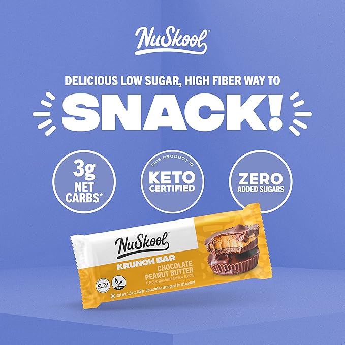 NuSkool Snacks Chocolate Peanut Butter Keto Friendly Protein Krunch Bars (12 Pack) - 7g Fiber 10g Clean Plant-Based Protein 3g Net Carbs - Gluten-Free Non-GMO Vegan Low Carb Keto Healthy Breakfas