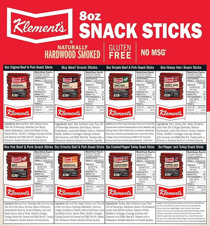 Klement's 8oz Snack Sticks Variety Pack - One 7.2oz Package of Each Flavor (Original Honey Ham Teriyaki Beef Pepper Jack Cracked Pepper Hot &amp Sriracha)