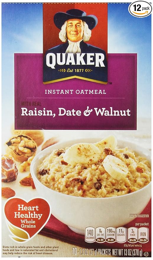 Quaker Instant Oatmeal Raisin Date &amp Walnut 1.3 Ounce Packs - 10 Count Boxes 13 ounce (Pack of 12)