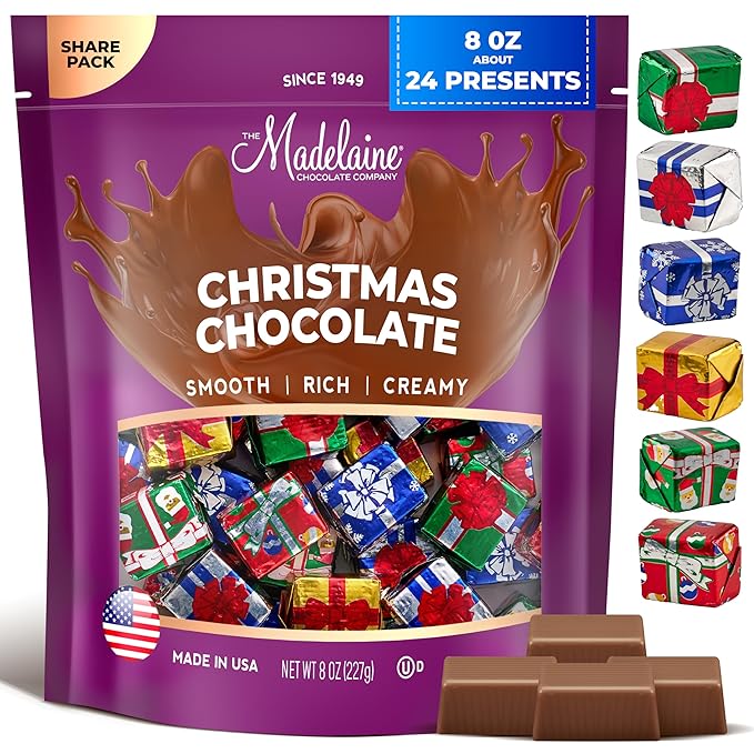 Madelaine Milk Chocolate Christmas Presents – Individually Wrapped Holiday Chocolates for Kids – Christmas Candy Stocking Stuffers &amp Holiday Gift Basket Treats – 8 oz Bag (Approx. 24 Pieces)