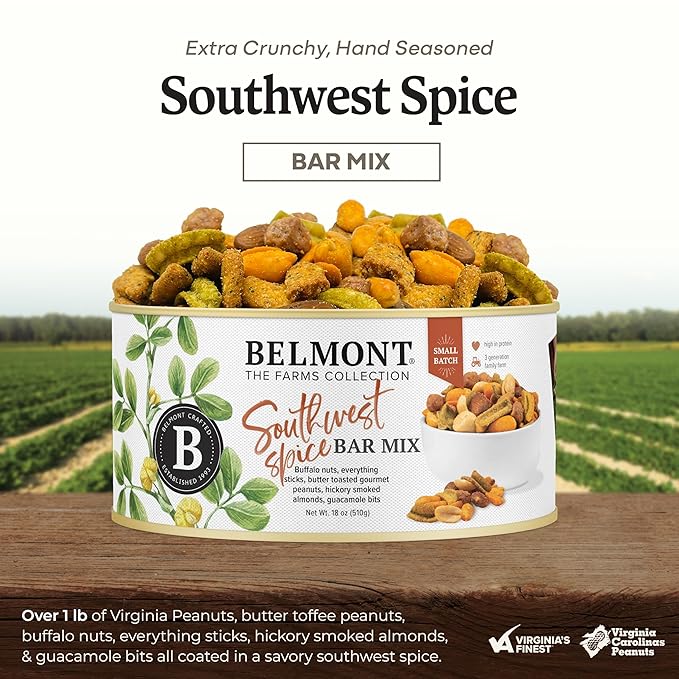 Belmont Peanuts Southwest Spice Bar Mix 18 oz (1 Pack) – Virginia Peanuts Buffalo Nuts Everything Sticks Smoked Almonds and Guacamole Bits – Simple Ingredients No Preservatives Hand Seasoned
