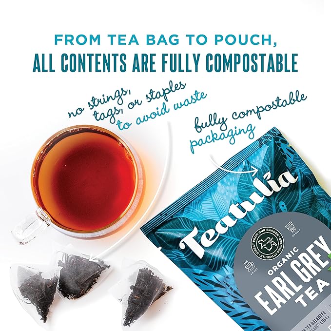 Teatulia Organic Earl Grey Tea Bags (50 Pyramid Sachet Teabags) Whole Leaf Flower 100% Compostable Black Tea + Bergamot Citrus Sustainably Grown In Bangladesh