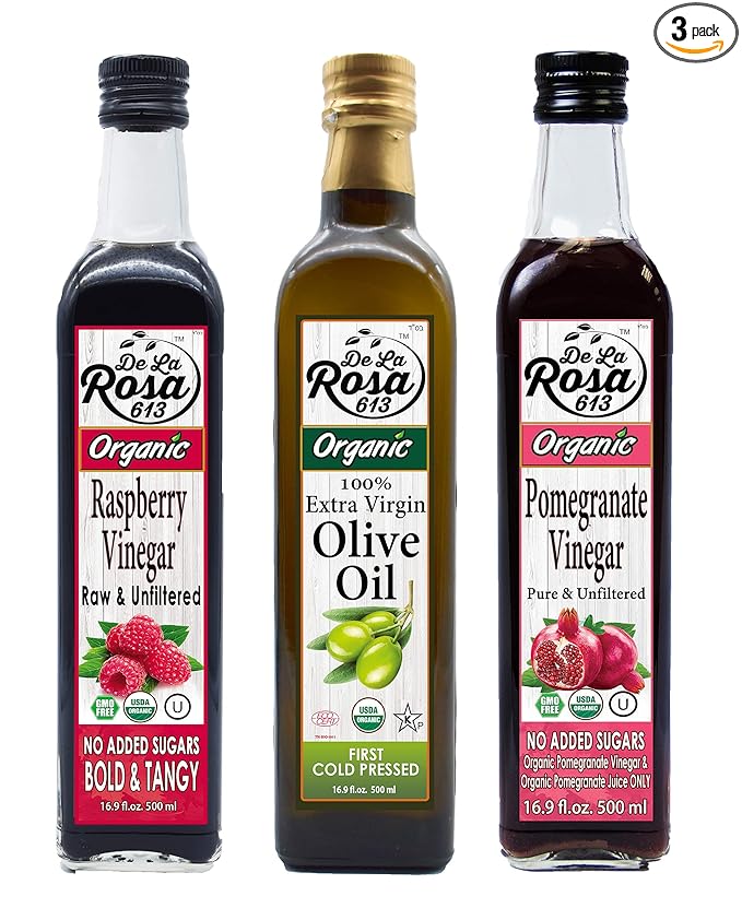 De La Rosa Organic Extra Virgin Olive Oil Raspberry &amp Pomegranate Vinegar 100% Pure Raw &amp Unfiltered Vegan Kosher Non-GMO &amp Gluten Free Great for Salad Dressing &amp More 16.9 Oz (