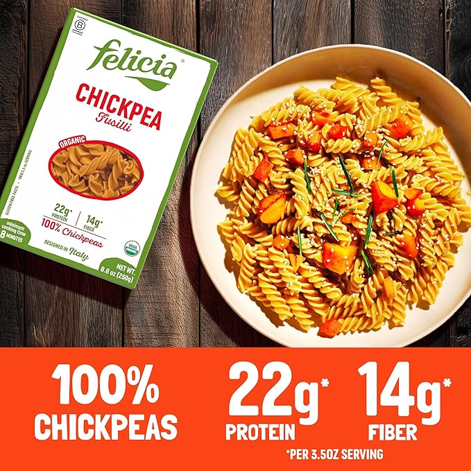 Felicia Gluten Free Pasta Chickpea Fusilli 22G Protein per Serving Organic High Protein and Fiber Noodles Designed in Italy Plant Based Made from 100% Chickpeas Non GMO 8.8 Oz 6 Boxes