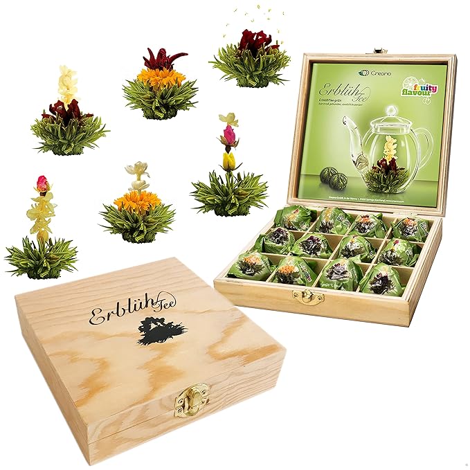Creano Flowering Abloom Tea - Blooming Gift Set in Stylish Wooden Box 12pcs