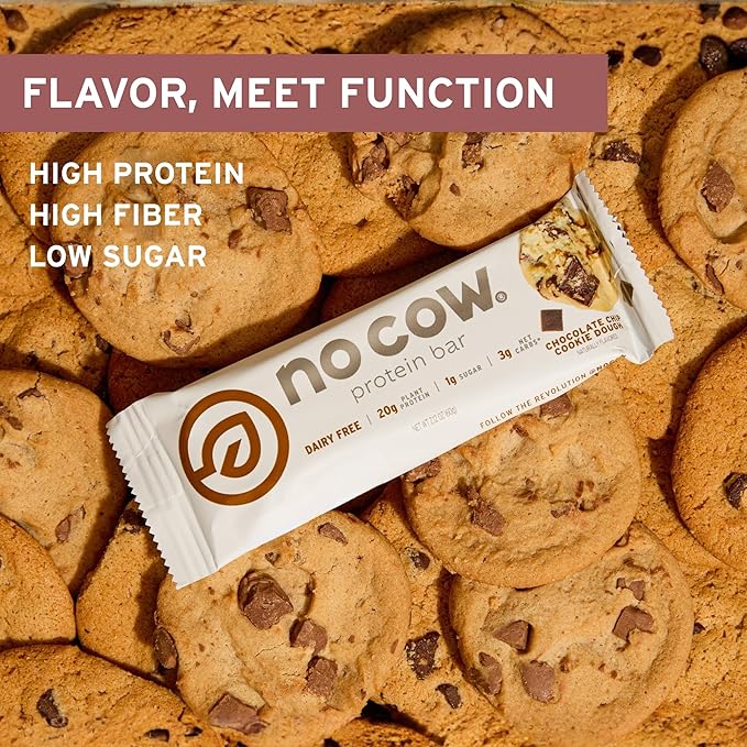 No Cow Vegan Protein Bars Upgraded Chocolate Chip Cookie Dough | 20g Plant Based Protein Gluten Free Dairy Free Soy Free Keto Friendly Low Sugar High Fiber Snack Bars | Pack of 12