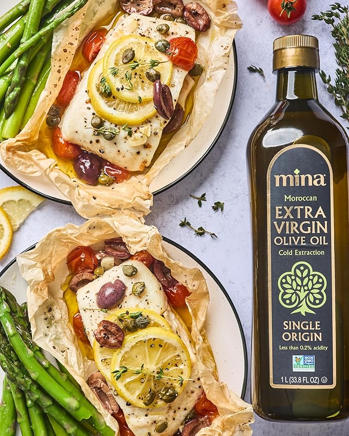 Mina Moroccan Olive Oil Extra Virgin 33.8 Fl Oz New Harvest Polyphenol Rich Olive Oil Single Origin Extra Virgin Olive Oil Cold Extraction Less than 0.2% Acidity 1 L