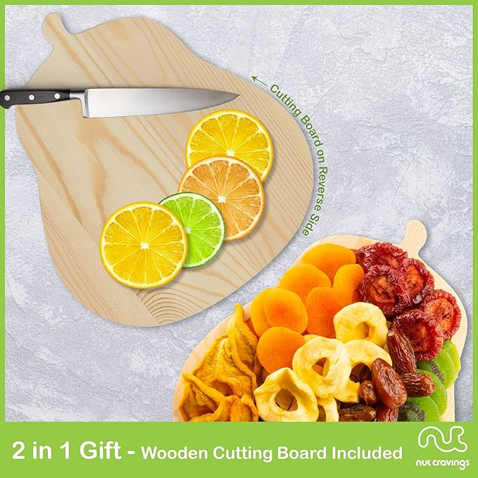 NUT CRAVINGS - Dried Fruit &amp Mixed Nuts Gift Basket in Wooden Pear-Shaped Tray (9 Assortments) Ramadan Gifts Food Arrangement Healthy Snack Care Package