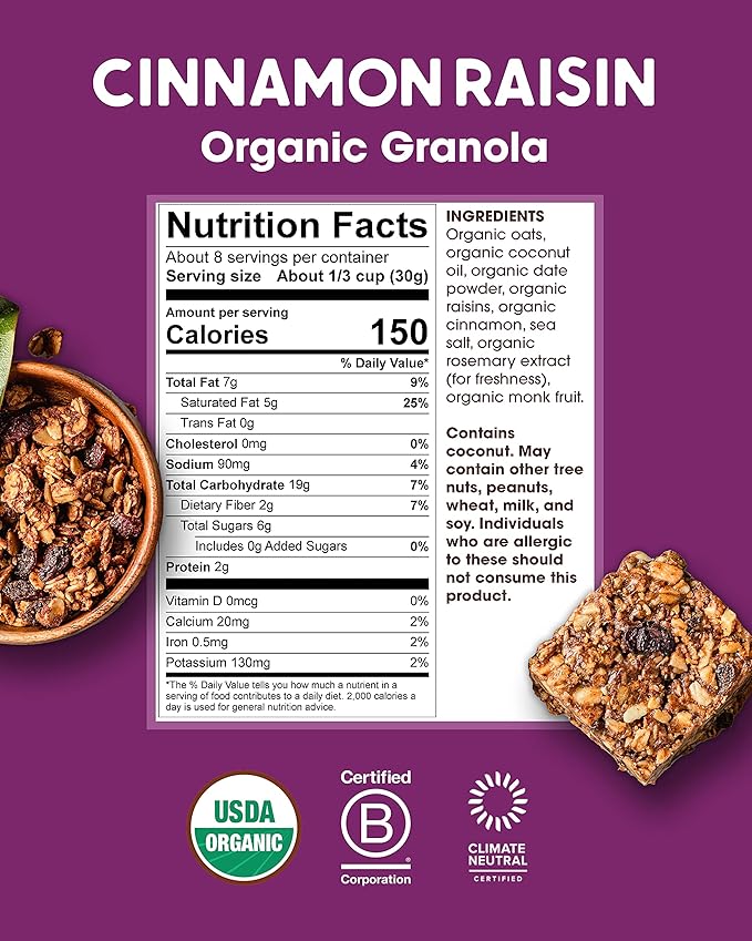 Alter Eco Cinnamon Raisin Granola Healthy Organic Breakfast &amp Snack Naturally Sweetened with Fruit Vegan No Artificial Sugars or Additives Regeneratively-Farmed Oats (Cinnammon Raisin - 6 Pa