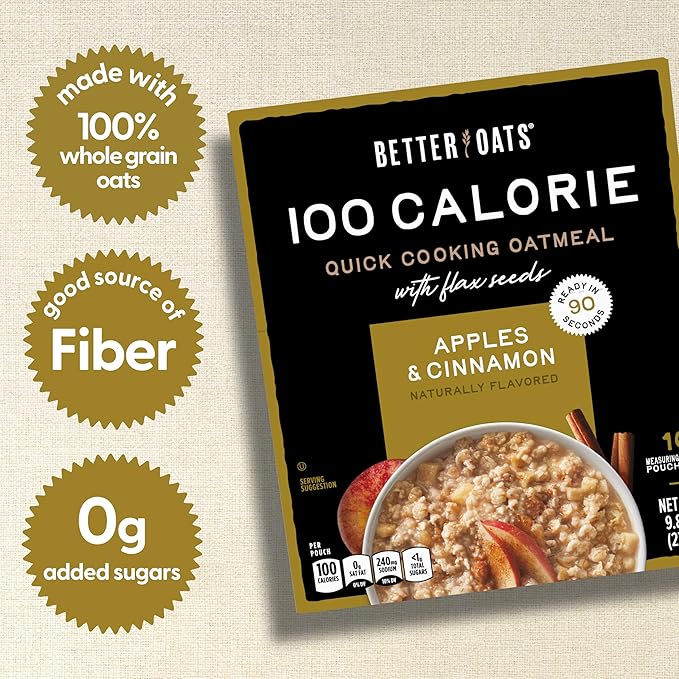 Better Oats 100 Calorie Apples and Cinnamon Oatmeal Packets Instant Breakfast with Flax Seeds and Natural Apple-Cinnamon Flavor Quick Cooking Box of 10 Pouches (Pack of 6)